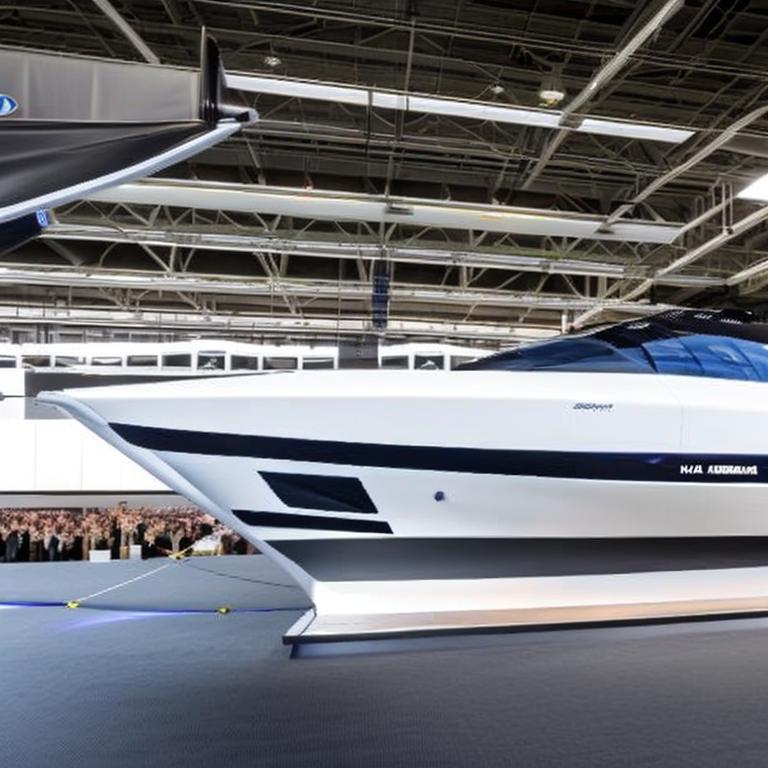 The image showcases the unveiling of the collaborative development of the unmanned surface vessel Tenebris by HD Hyundai and Palantir at the US AI Expo. The futuristic design of Tenebris, incorporating advanced AI technology for autonomous navigation and defense applications, symbolizes the innovative partnership between the two companies in leading the field of unmanned maritime systems.