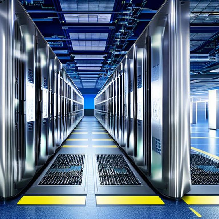 The image showcases a futuristic data center with advanced AI chips and servers, symbolizing the integration of AI technology in the IT industry. The data center is depicted with sleek, modern design elements, highlighting the cutting-edge AI capabilities being developed by leading tech companies like Apple and Microsoft.