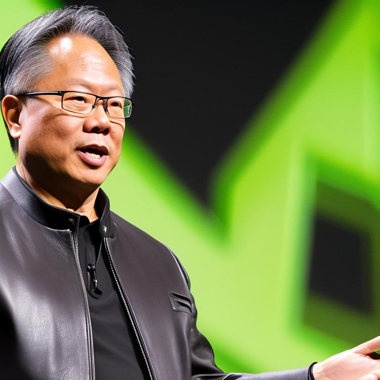 The image shows NVIDIA CEO Jensen Huang confidently addressing a crowd, emphasizing the importance of AI technology. He is seen in a professional setting, possibly during a tech conference, wearing his signature leather jacket, symbolizing his leadership in the AI industry.