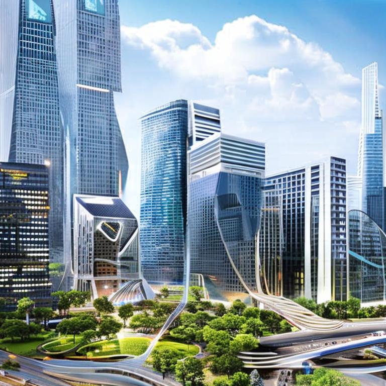 The image showcases a futuristic cityscape with digital AI elements integrated into buildings and infrastructure, symbolizing the advancement and integration of AI technology in urban environments. The blend of modern architecture and digital elements conveys the concept of AI software innovation and its impact on shaping smart cities of the future.